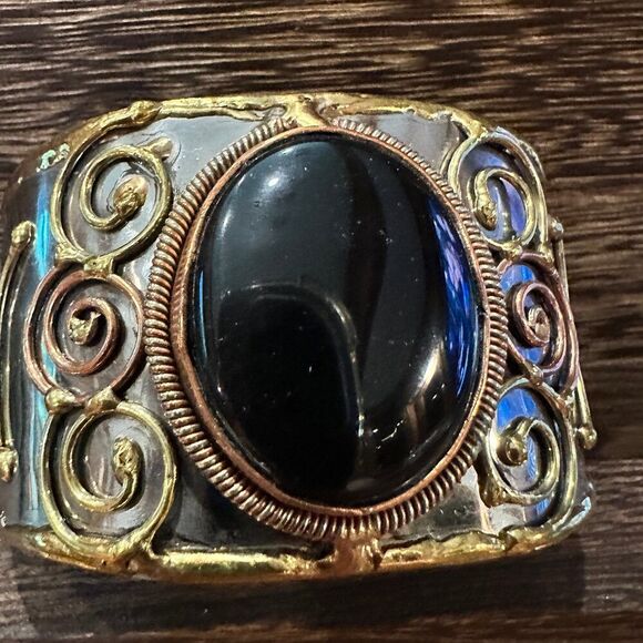 Artisan-Made Adjustable Black Onyx and Mixed Metals Cuff Bracelet - 2 Inches Wi - Picture 2 of 9